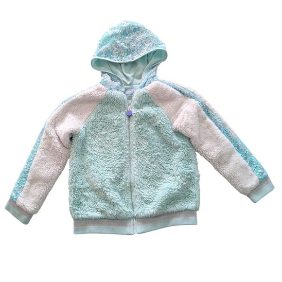 More Than Magic Girls Blue/White Furry Sequin Zip Hoodie Sweater size 6 - Picture 1 of 5